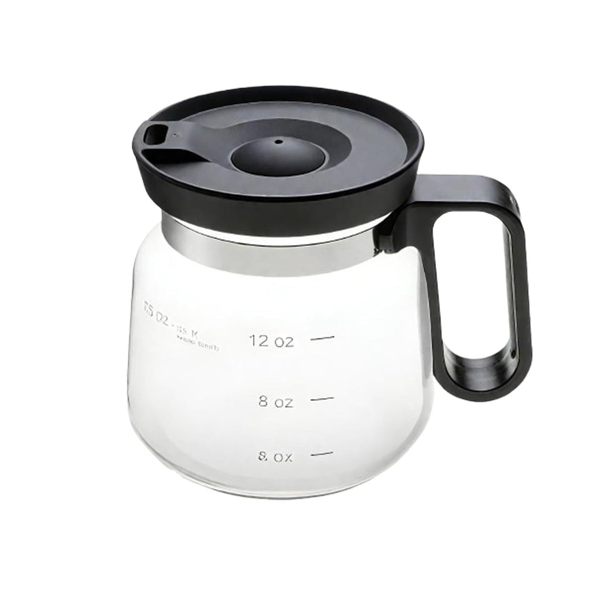 Slow Mill 16 oz glass coffee server with lid, side view