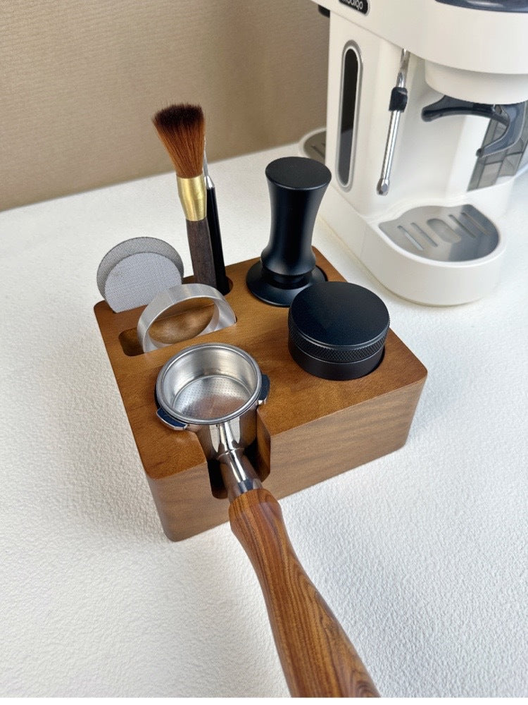 58mm solid wood espresso tamping station in a home coffee setup