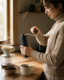 Person using a black manual coffee grinder beside a pour-over brewer in a kitchen