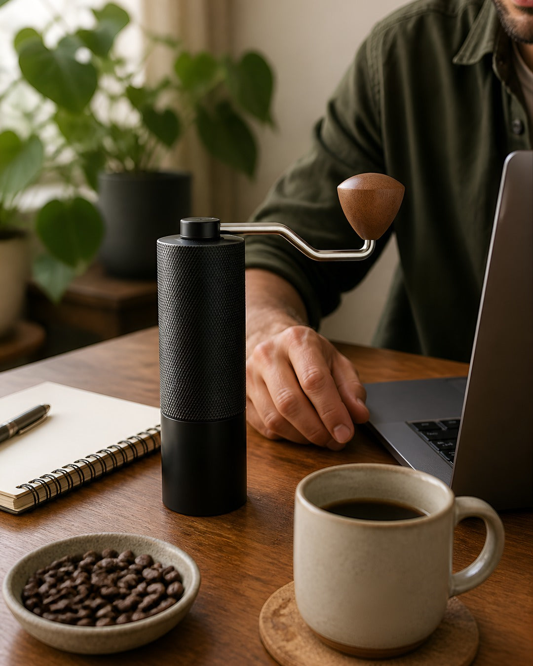 Black manual coffee grinder on a desk beside coffee beans, a mug and a laptop
