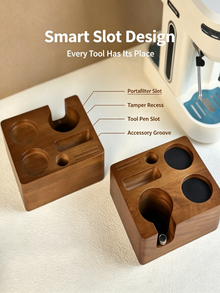 58 mm solid wood espresso tamping station detail