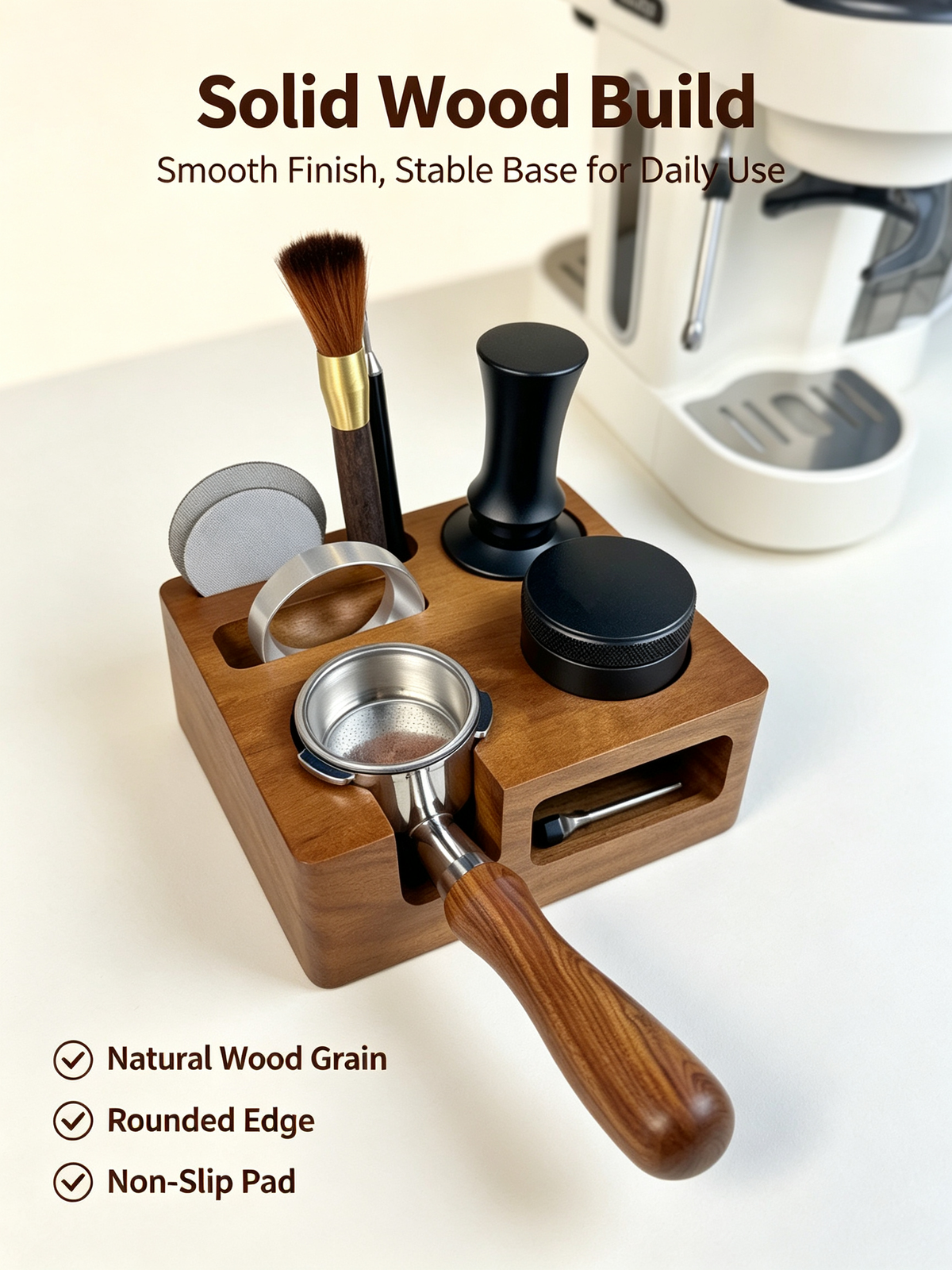 58 mm solid wood espresso tamping station with portafilter and accessories