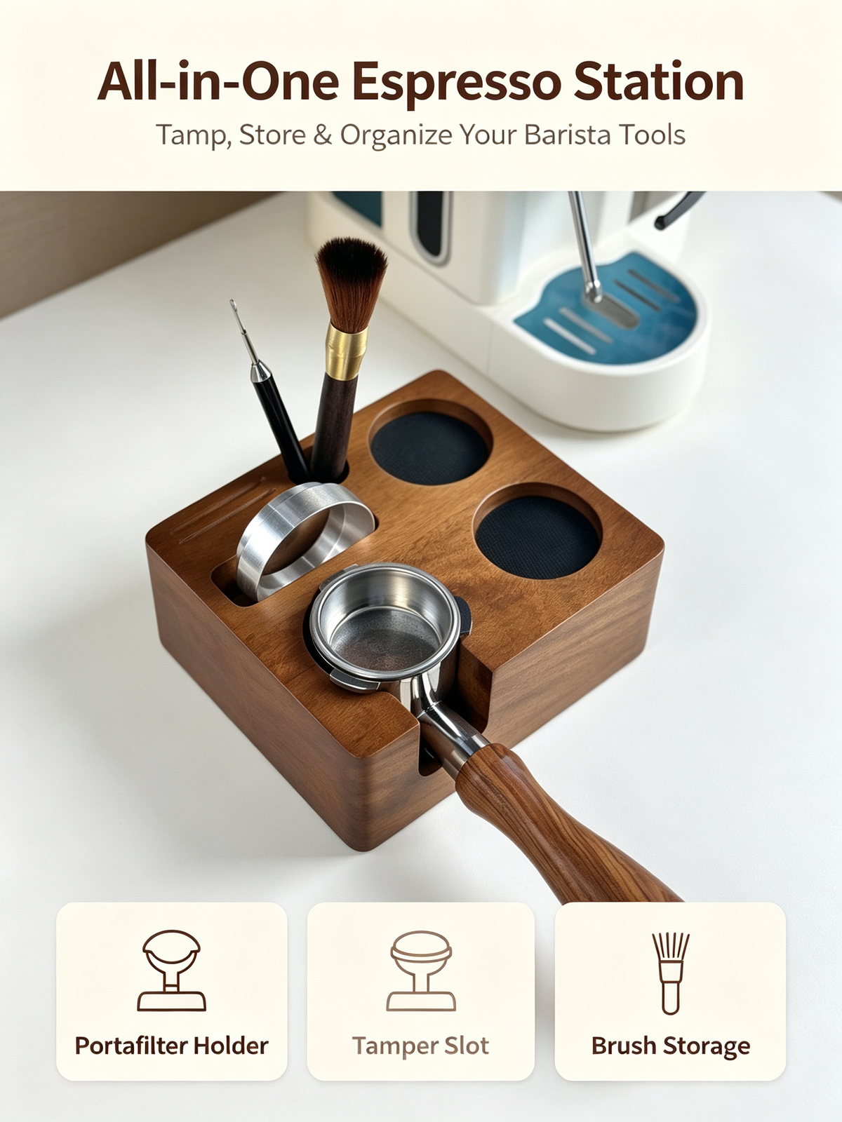58 mm solid wood espresso tamping station shown in use
