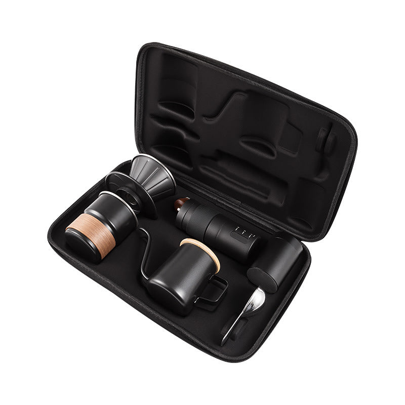 Open black carrying case with the compact pour-over brewing tools packed inside