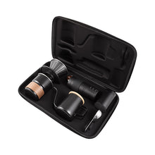 Open black carrying case with the compact pour-over brewing tools packed inside