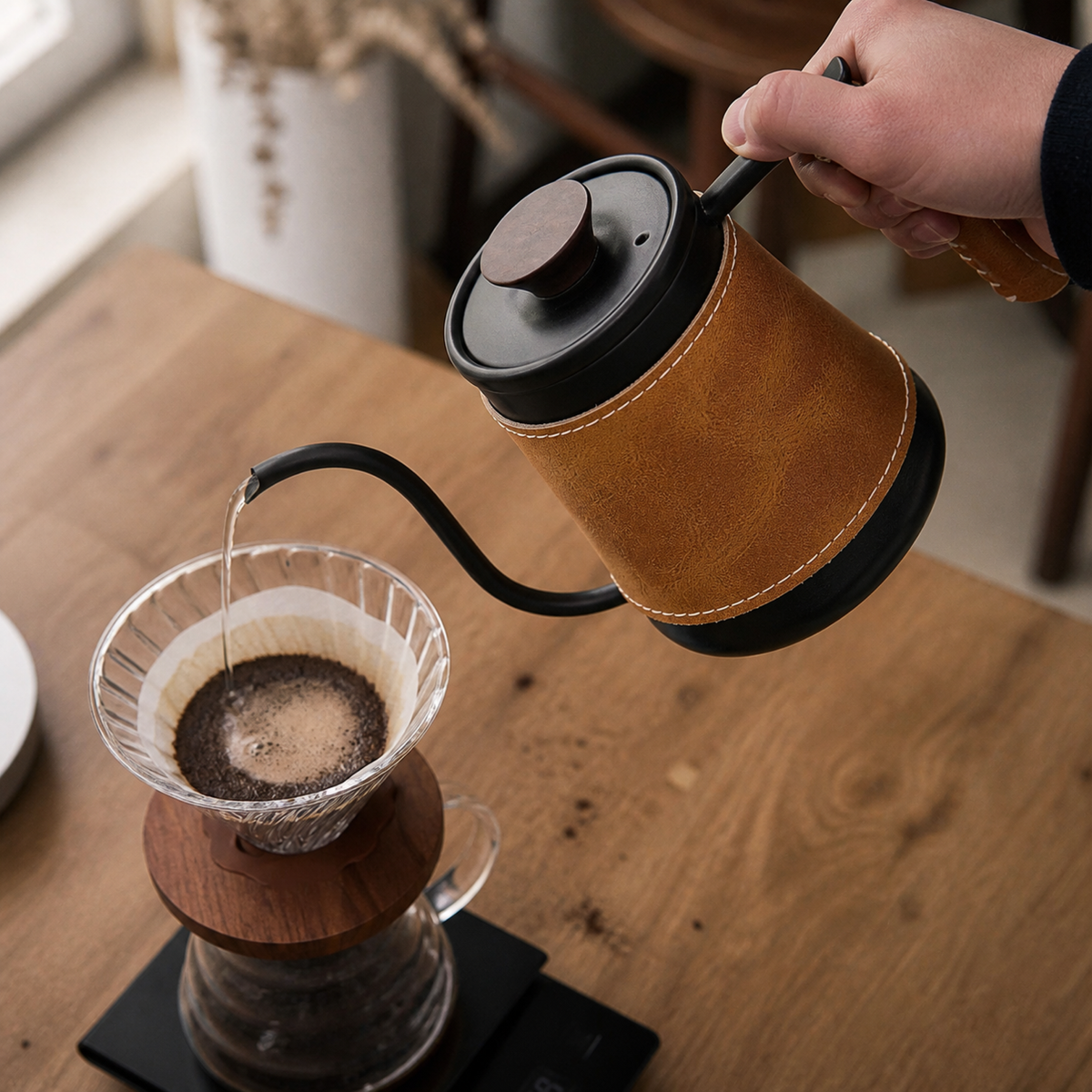 Black leather-sleeved gooseneck kettle pouring into a paper-filter coffee dripper
