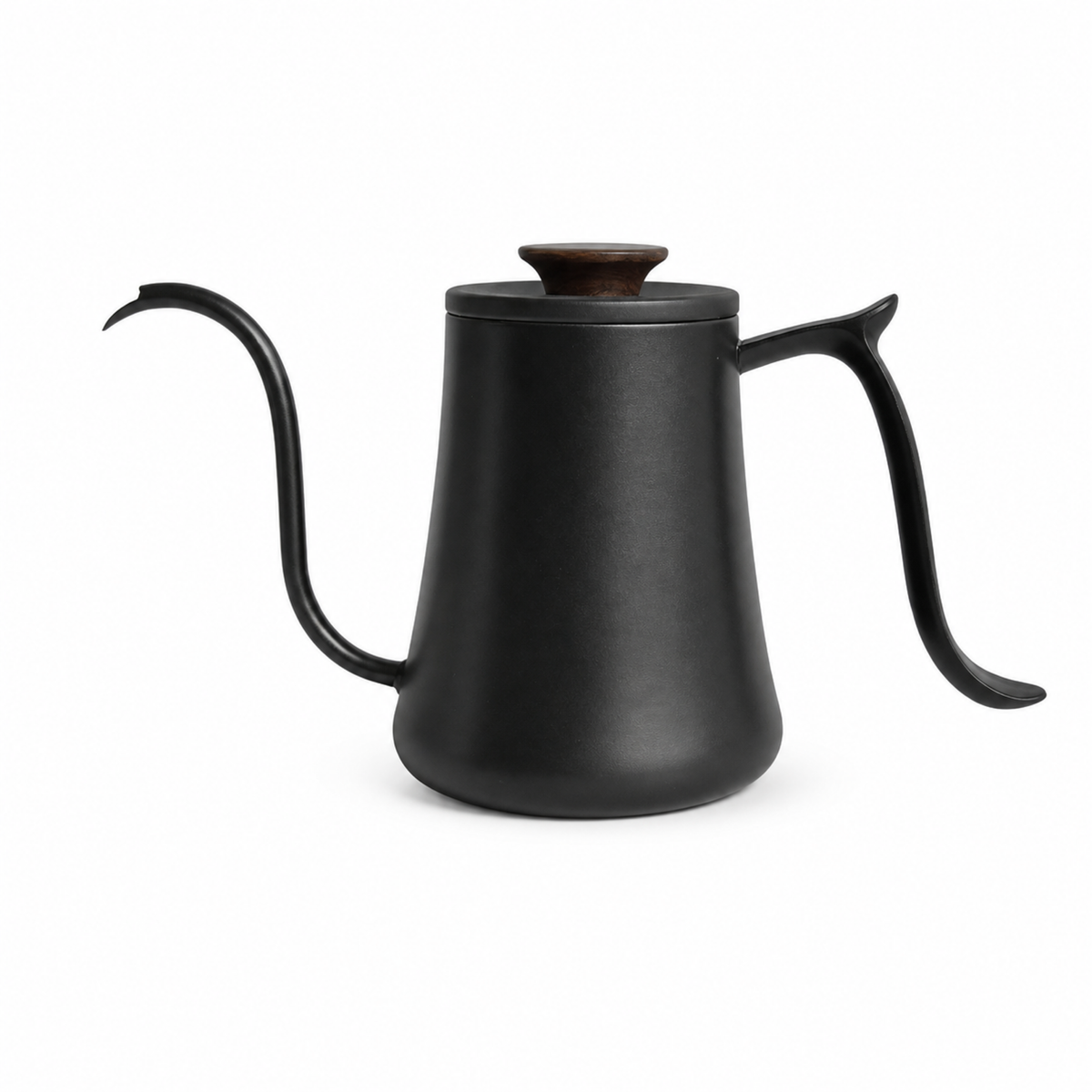Black gooseneck pouring kettle with lid and side handle