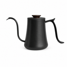 Black gooseneck pouring kettle with lid and side handle