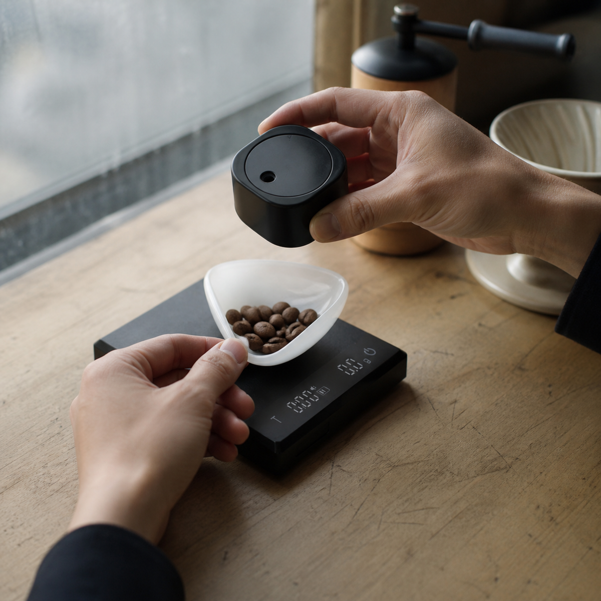 Black Slow Mill coffee prep set in a coffee-brewing setting