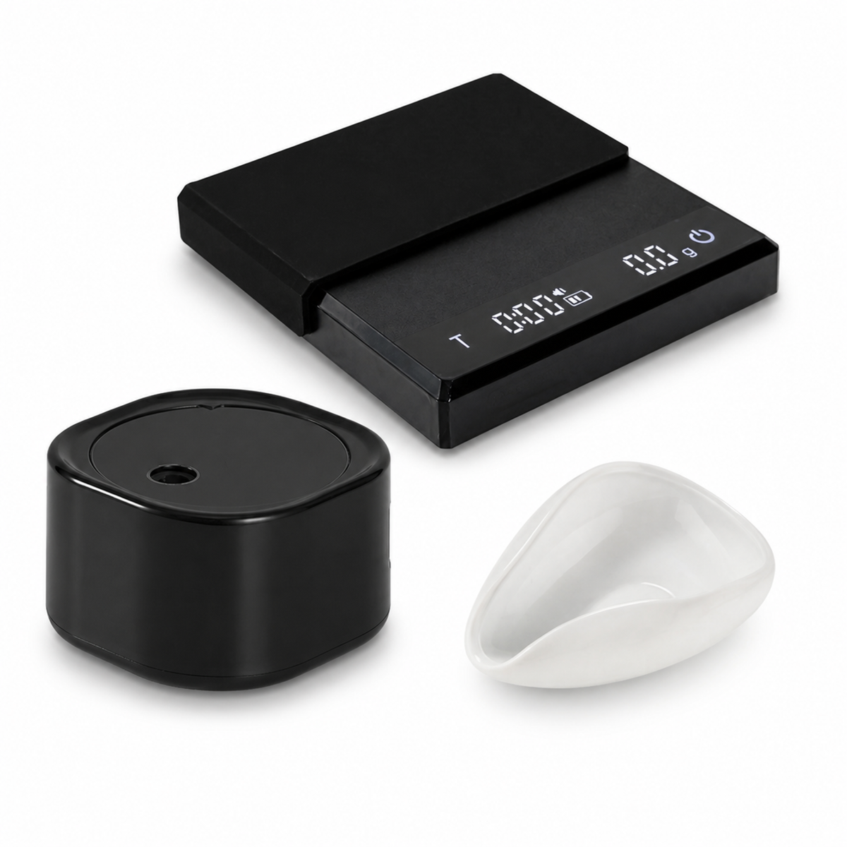 Black Slow Mill coffee prep set with scale, sprayer and dosing bowl