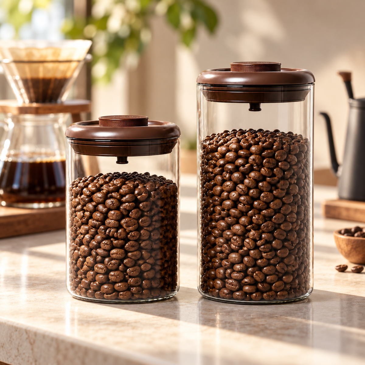 Slow Mill 600 ml and 900 ml coffee bean canisters in a pour-over coffee setting