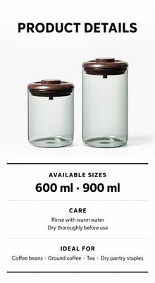 Slow Mill coffee canister product details for 600 ml and 900 ml sizes