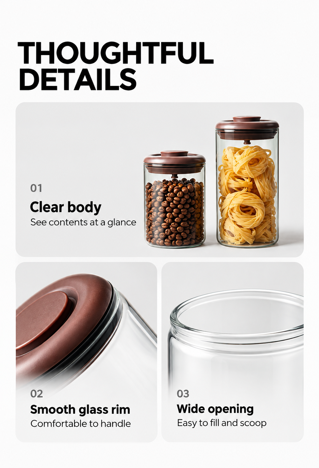 Slow Mill coffee canister clear body, smooth glass rim and wide opening details