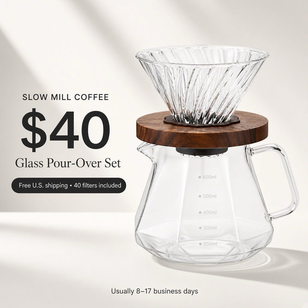 Slow Mill glass pour-over set: glass cone dripper, walnut base and faceted 600ml glass server