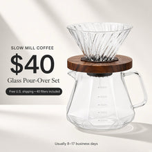 Slow Mill glass pour-over set: glass cone dripper, walnut base and faceted 600ml glass server