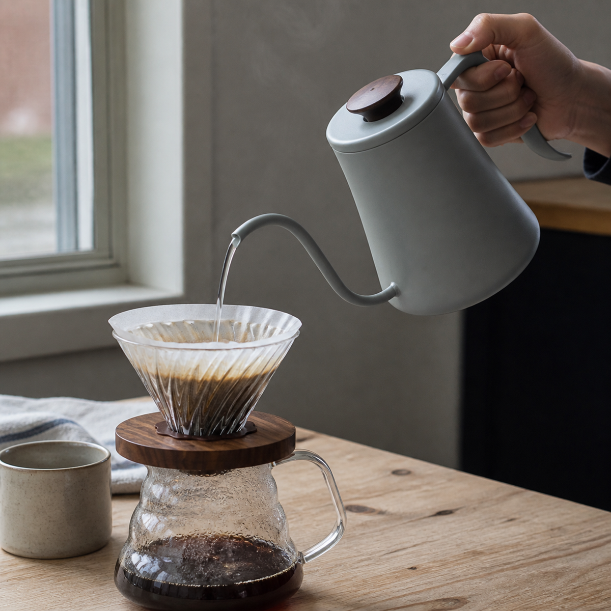 Grey gooseneck kettle pouring water into a dripper over a glass coffee server