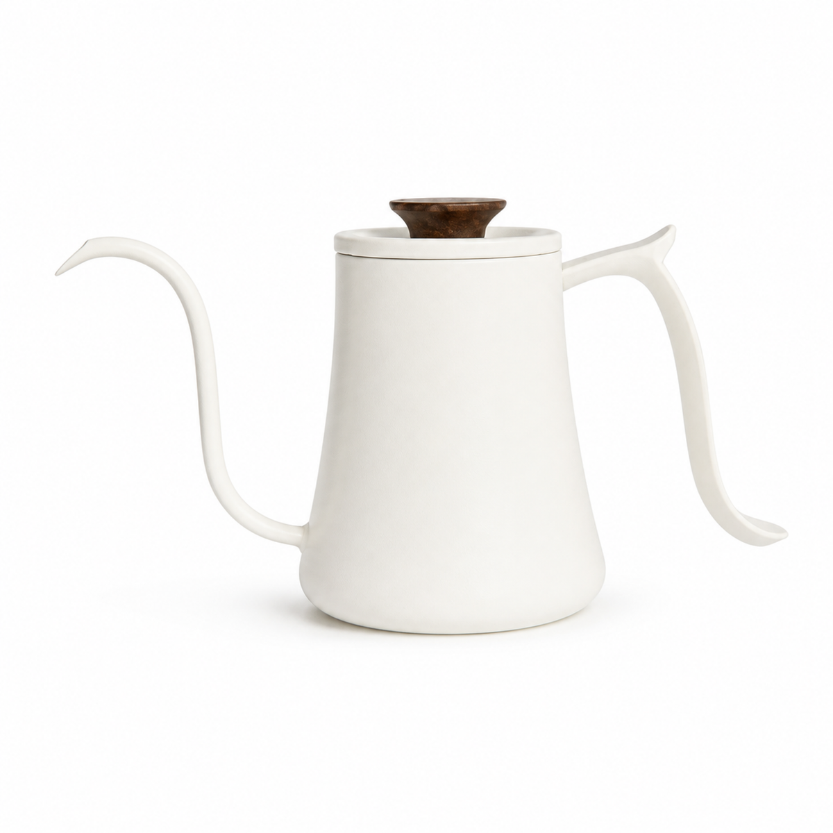 White gooseneck pouring kettle with lid and side handle