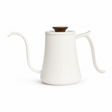 White gooseneck pouring kettle with lid and side handle