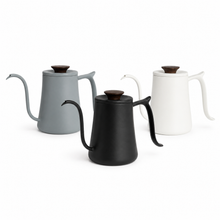Grey, black and white gooseneck pouring kettles without leather sleeves