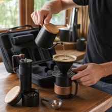 Slow Mill portable pour-over kit used for brewing coffee beside its carrying case