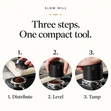 Three espresso preparation steps: distribute, level and tamp