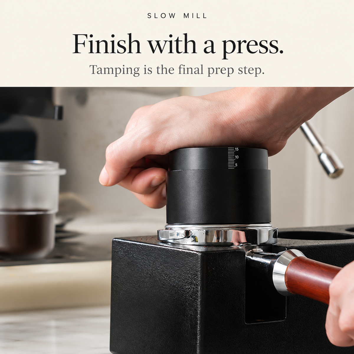 Pressing the espresso tamper into a compatible basket