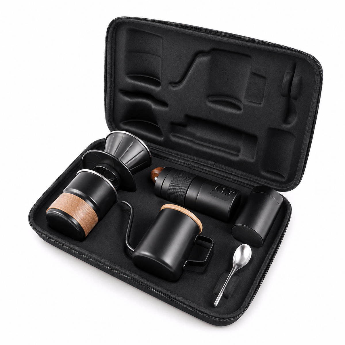 Slow Mill six piece portable pour-over coffee starter kit with carrying case