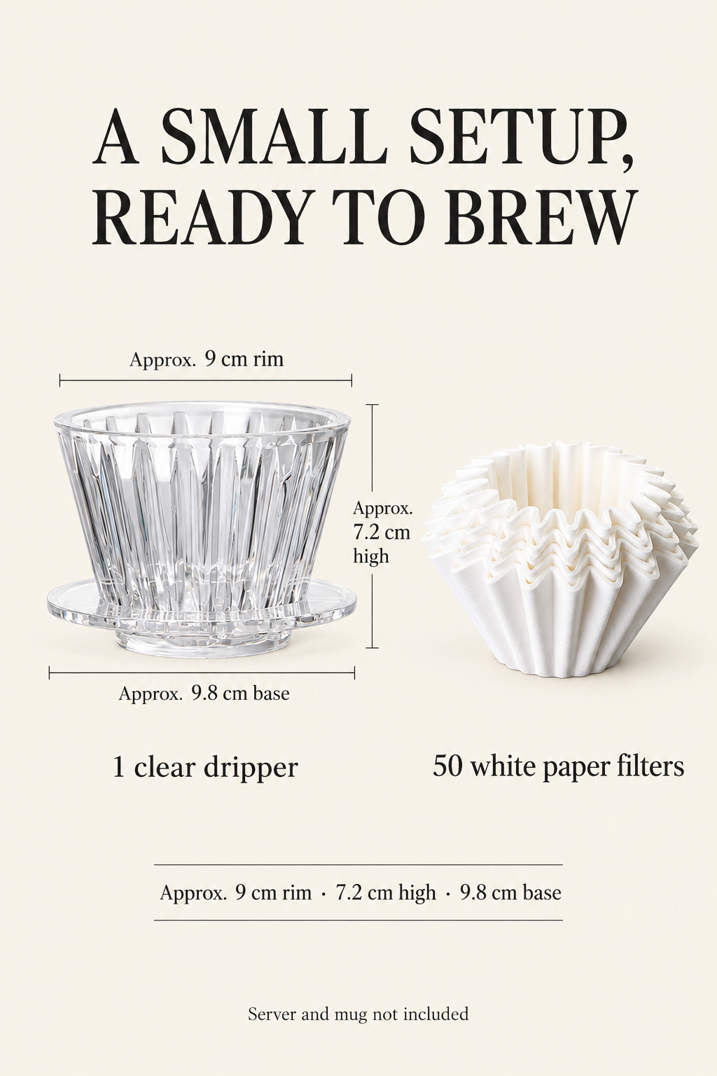 Approximate dripper dimensions and included 50 white paper filters