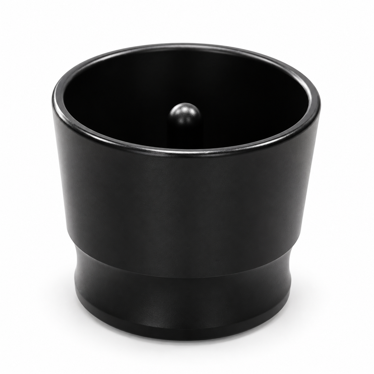 Black aluminum espresso dosing cup, open top showing center insert, on white background