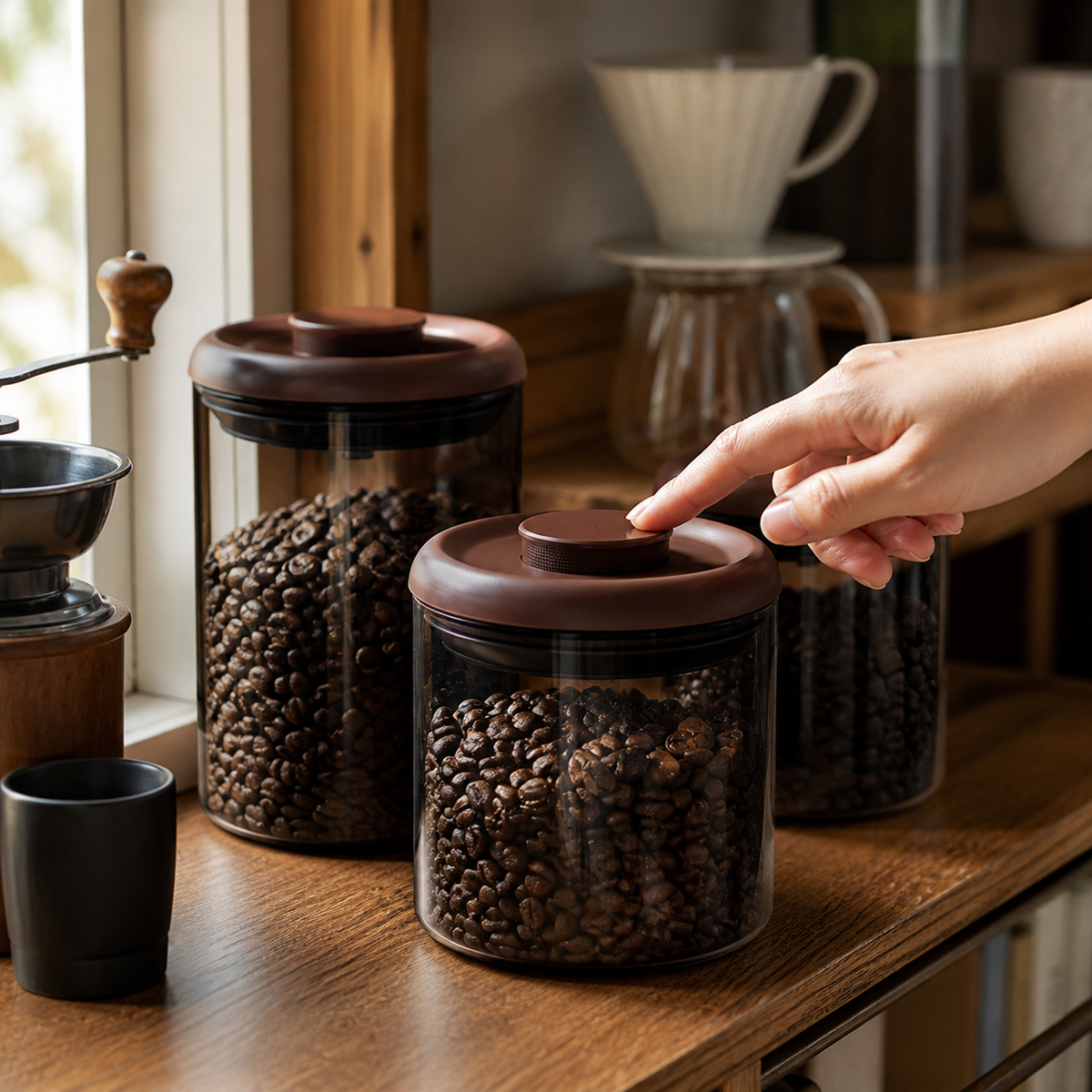 Coffee bean canister for home pour-over setup