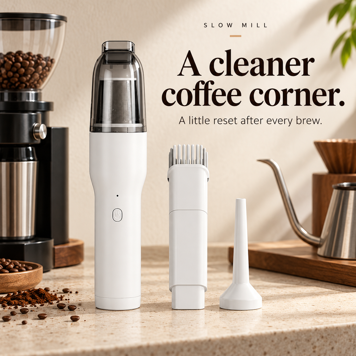 Slow Mill white cordless coffee station vacuum with brush and blower attachments