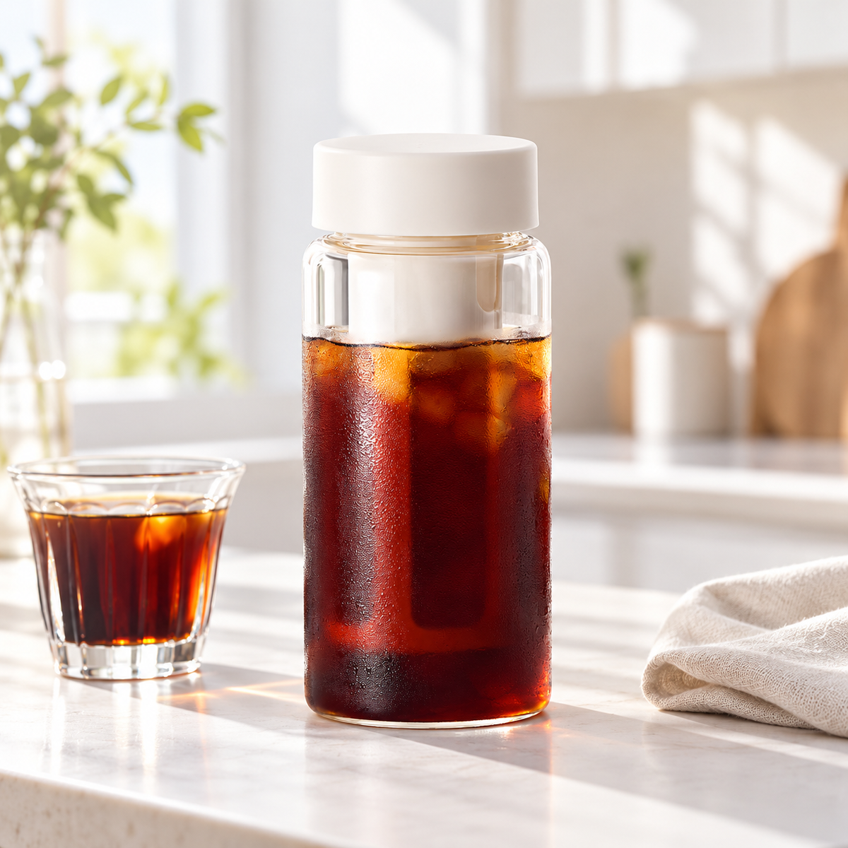 Cold brew bottle in a bright home setting