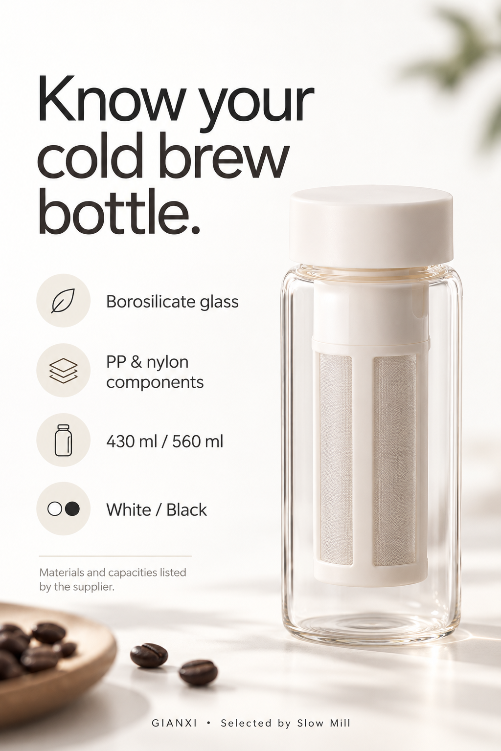 Cold brew bottle materials and size options