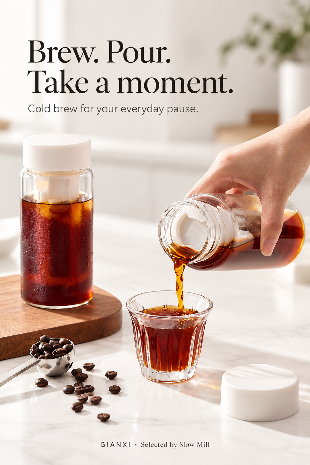Pouring cold brew coffee into a glass