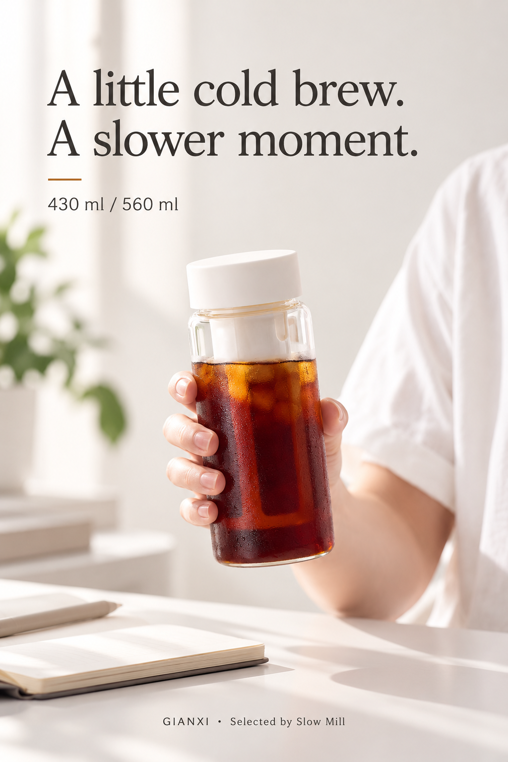 Handheld white cold brew bottle