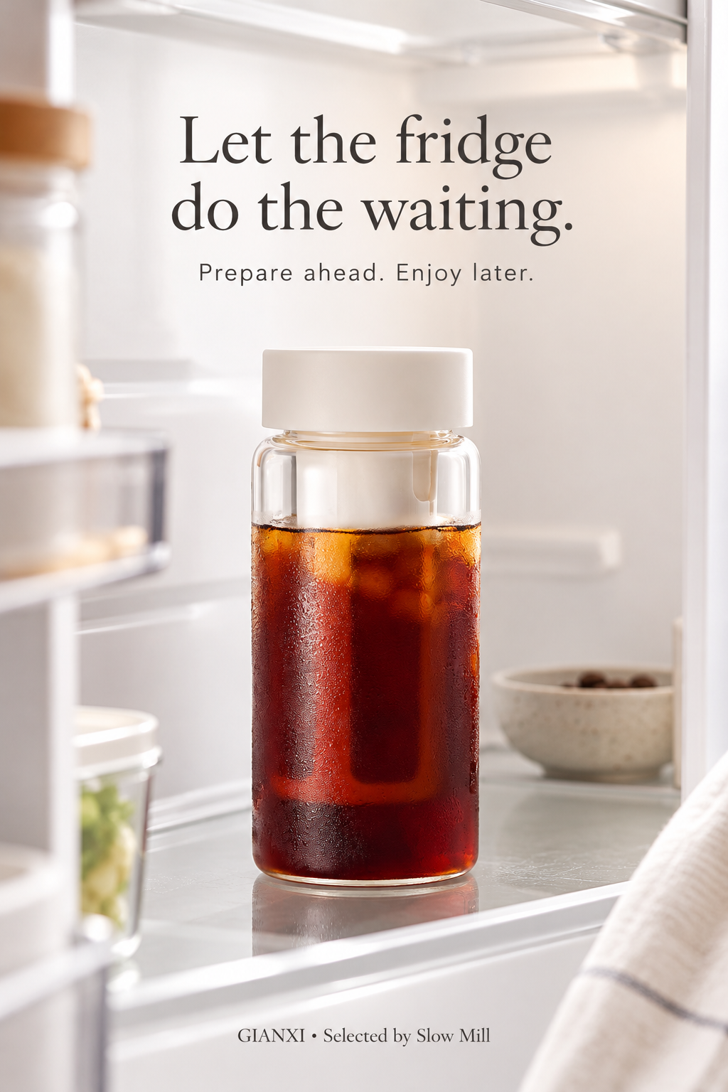 Cold brew bottle stored in a refrigerator