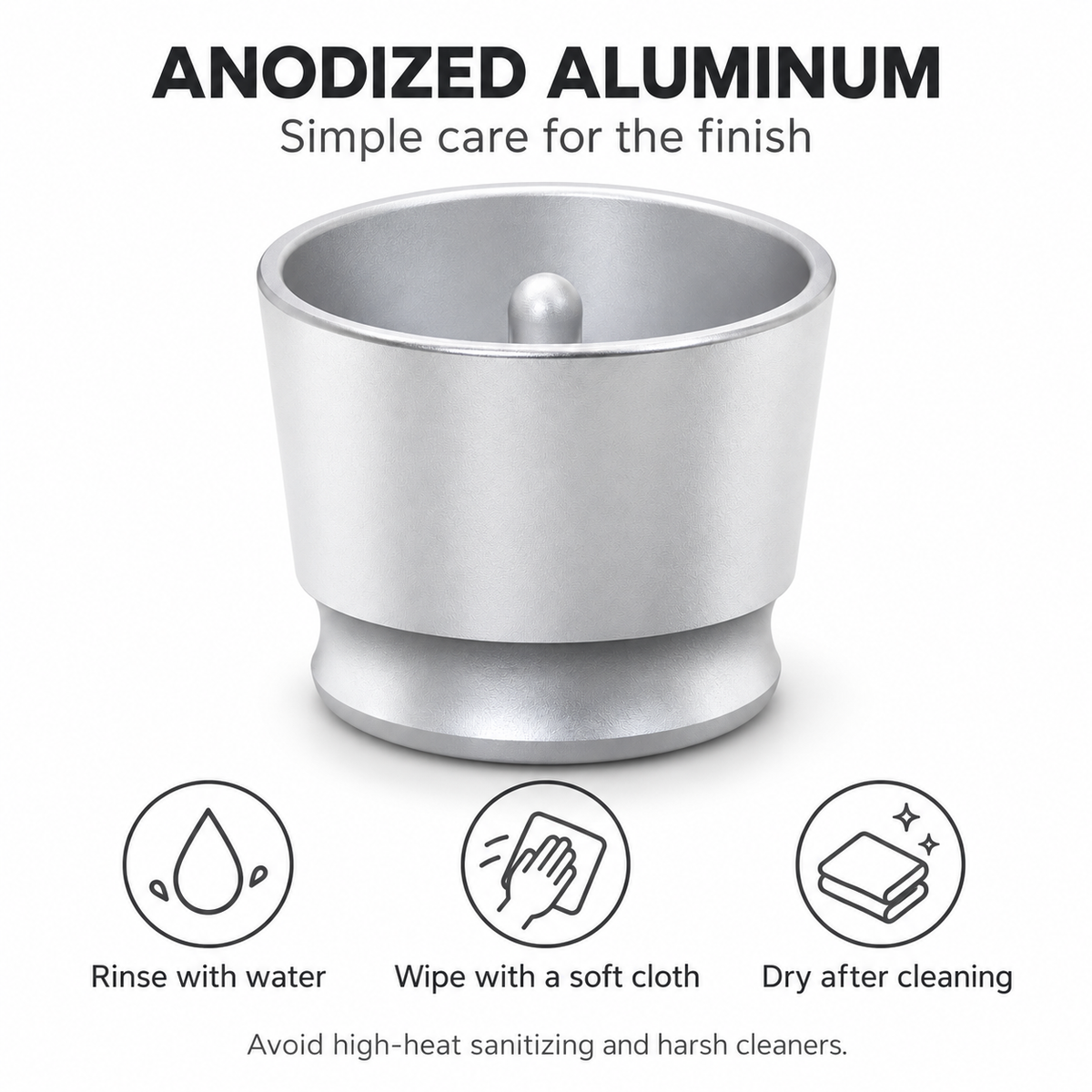 Anodized aluminum espresso dosing cup with water rinse and soft cloth care instructions