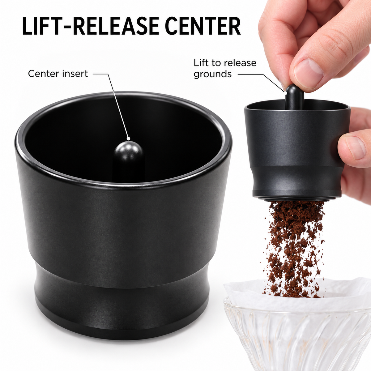 Close-up of espresso dosing cup center insert and lift-to-release motion