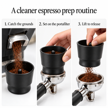 Three steps: catch grounds, set the cup on a portafilter, and lift the insert to release grounds
