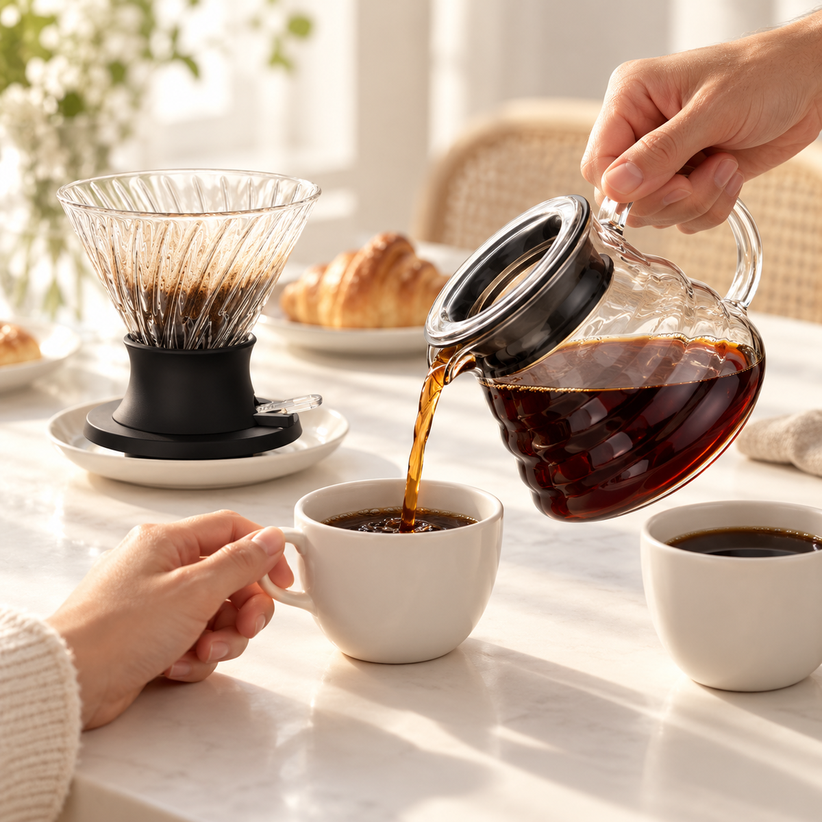 Sharing coffee from the handled server at a weekend breakfast table
