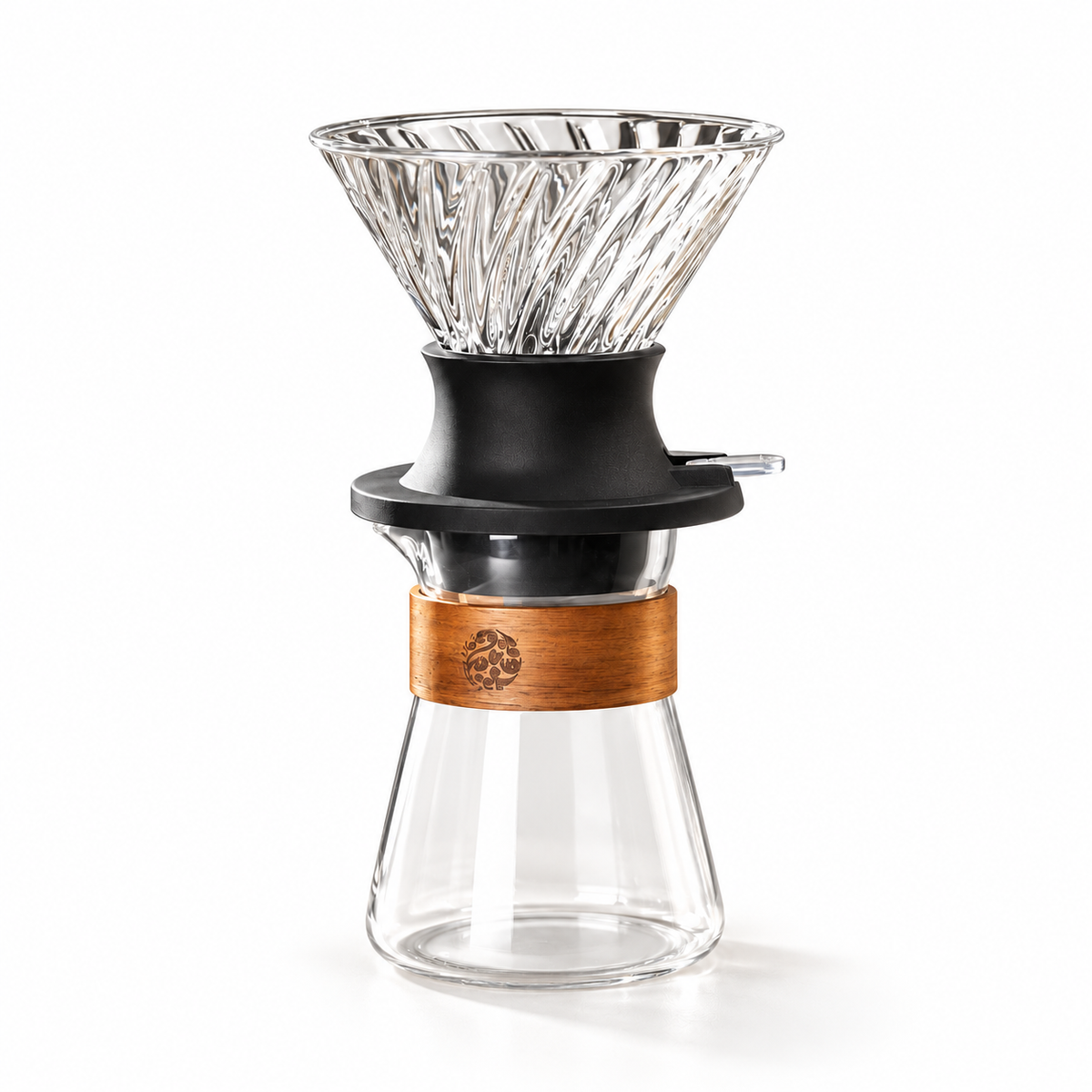 Clear immersion dripper with 400 ml wood-collar glass server; filters not included