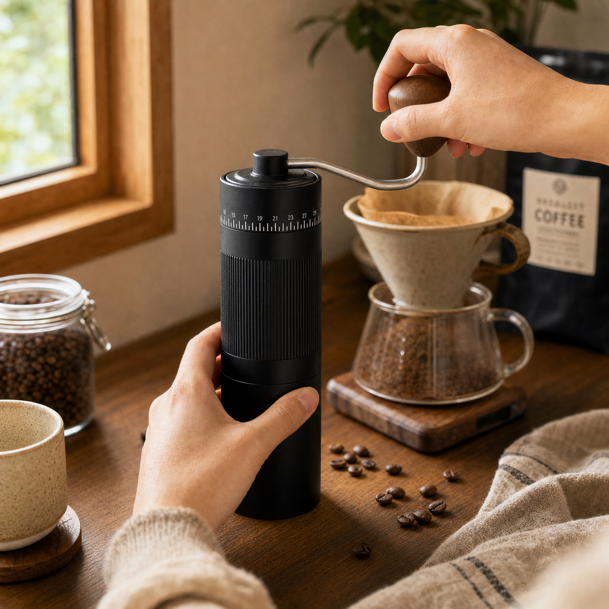 Slow Mill manual coffee grinder, freshly ground coffee for pour-over