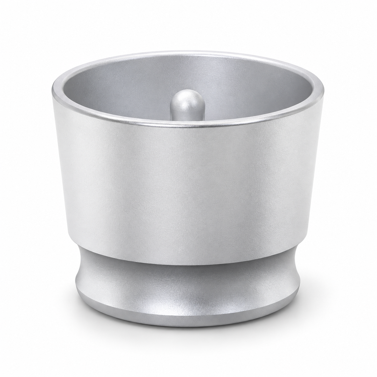 Silver aluminum espresso dosing cup, open top showing center insert, on white background