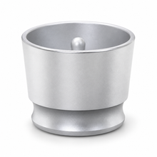 Silver aluminum espresso dosing cup, open top showing center insert, on white background