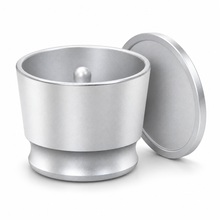 Silver aluminum espresso dosing cup with matching lid, on white background
