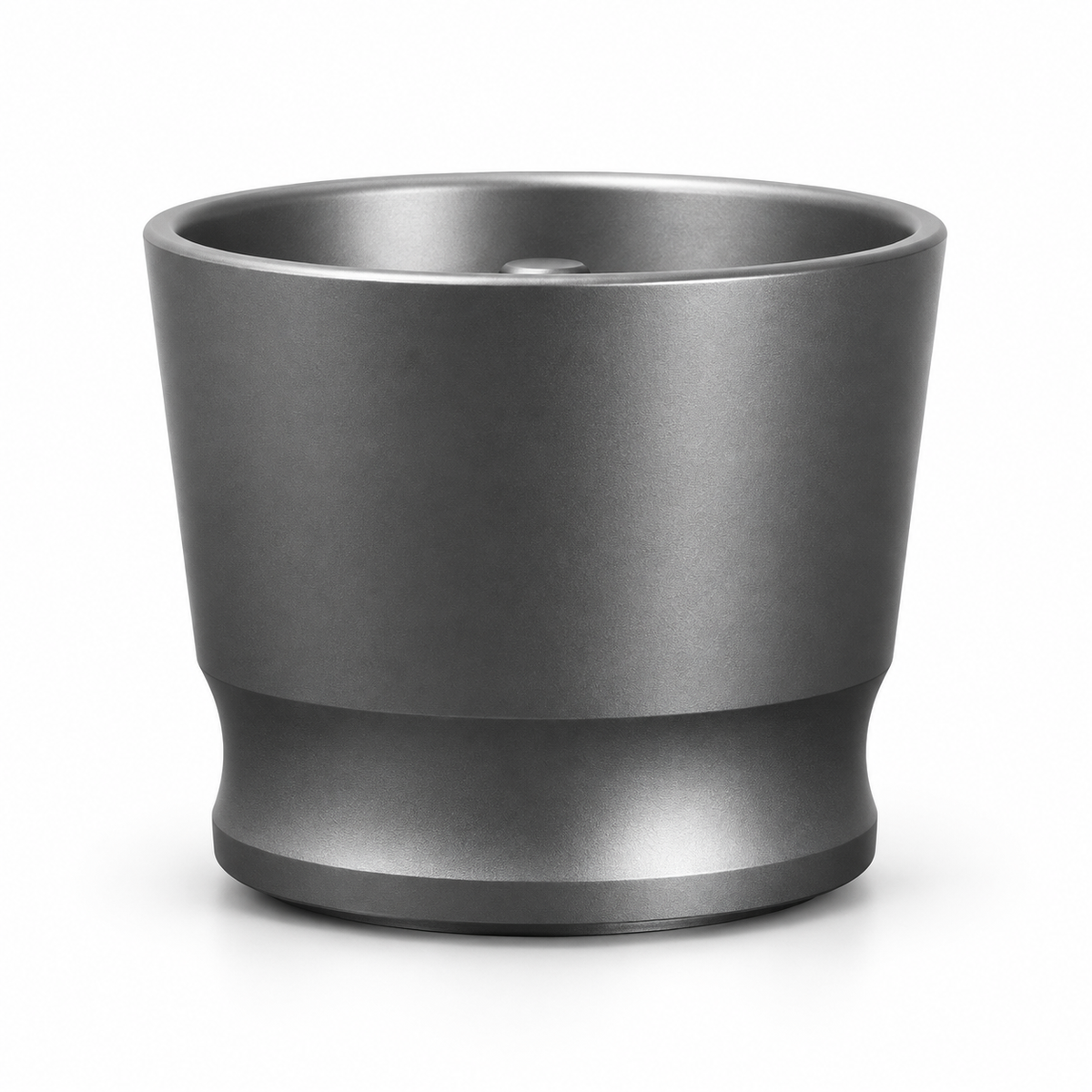 Titanium grey aluminum espresso dosing cup, open top showing center insert, on white background