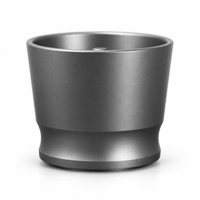 Titanium grey aluminum espresso dosing cup, open top showing center insert, on white background