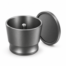 Titanium grey aluminum espresso dosing cup with matching lid, on white background