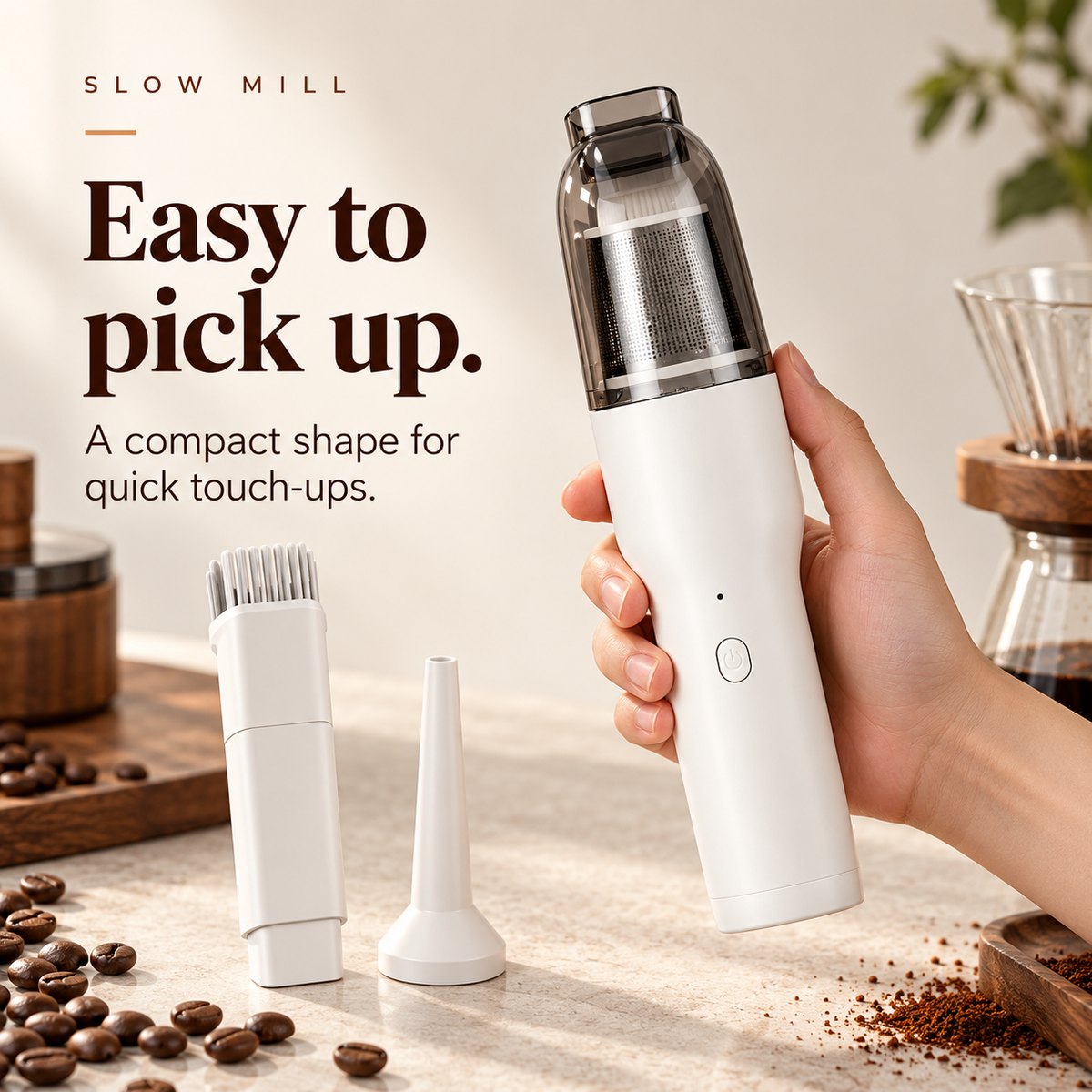 Slow Mill portable cordless vacuum — in hand