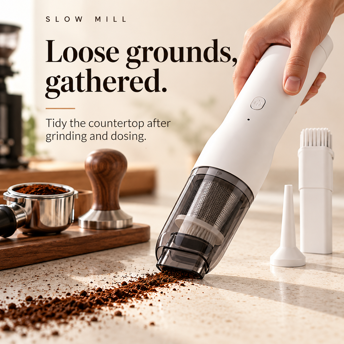 Slow Mill portable cordless vacuum — dry spill